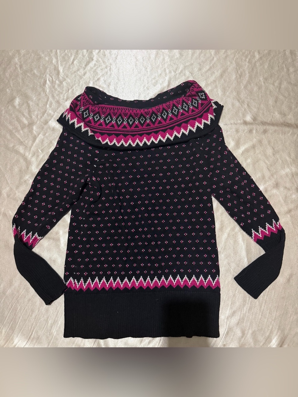 Saks Fifth Avenue Fair Isle Cowl Neck Sweater Wool Cotton Black Magenta large